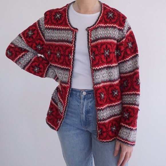 Talbots Red Knit w Grey Fair Isle Nordic 22% Silk Button Cardigan Sweater XL - Picture 1 of 10